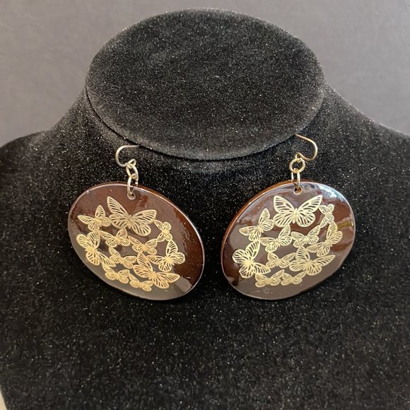 Brown Disc Earrings with Gold Butterfly Designs - Picture 1 of 5
